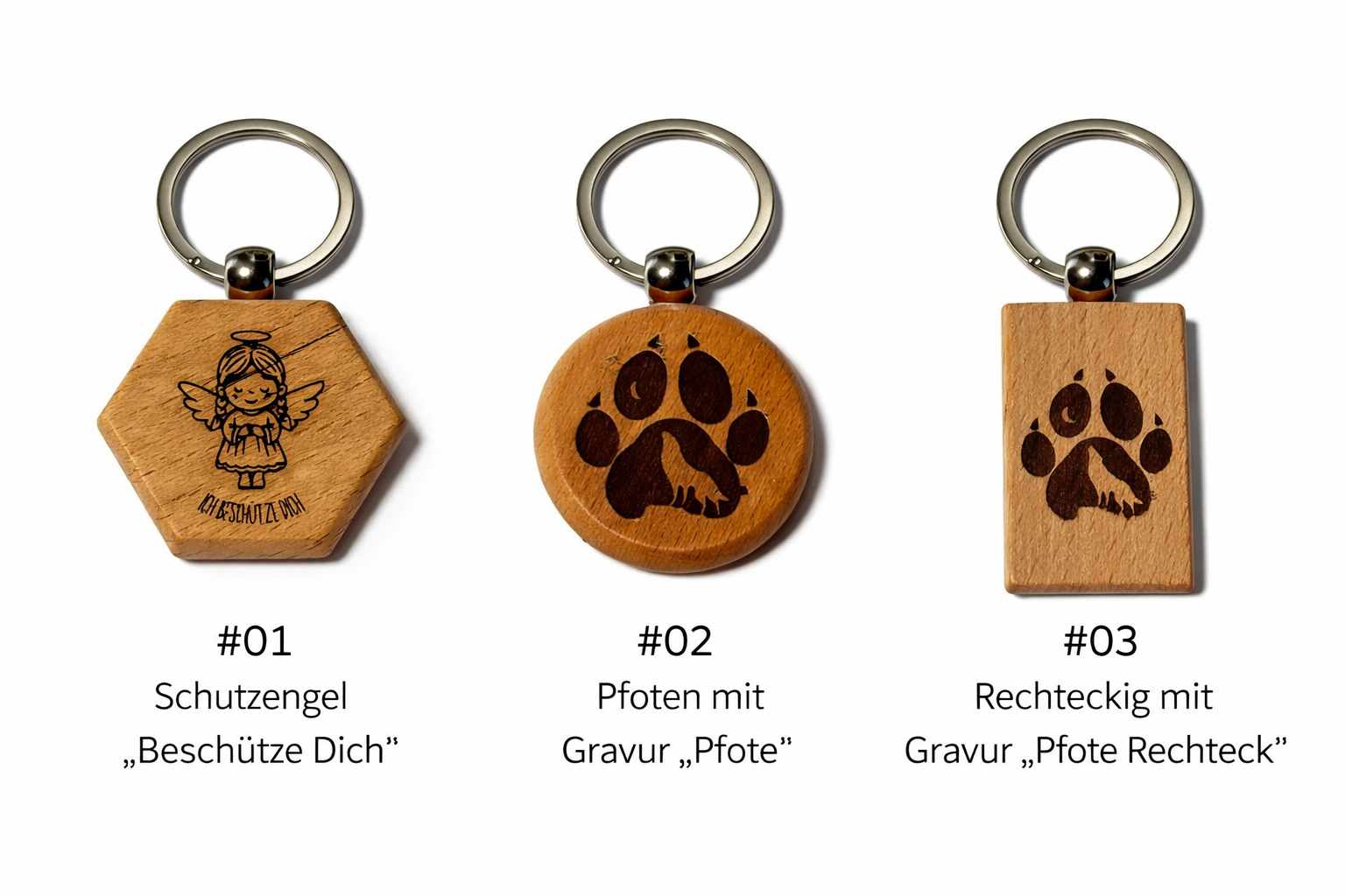 Handgefertigter Holz-Schlüsselanhänger – personalisierbar mit Gravur | Pfote, Engel oder Wunschmotiv