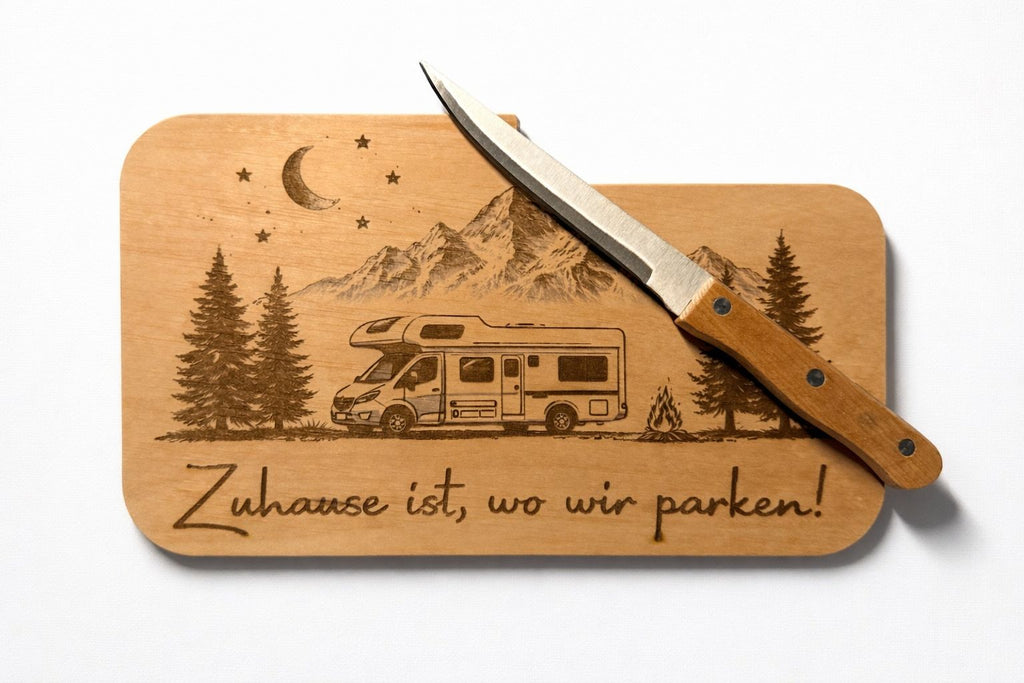 Personalisiertes Schneidebrett aus Erle mit Brotzeitmesser