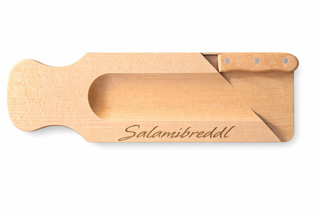 Personalisiertes Salamibrett aus Ahorn inkl. Brotzeitmesser