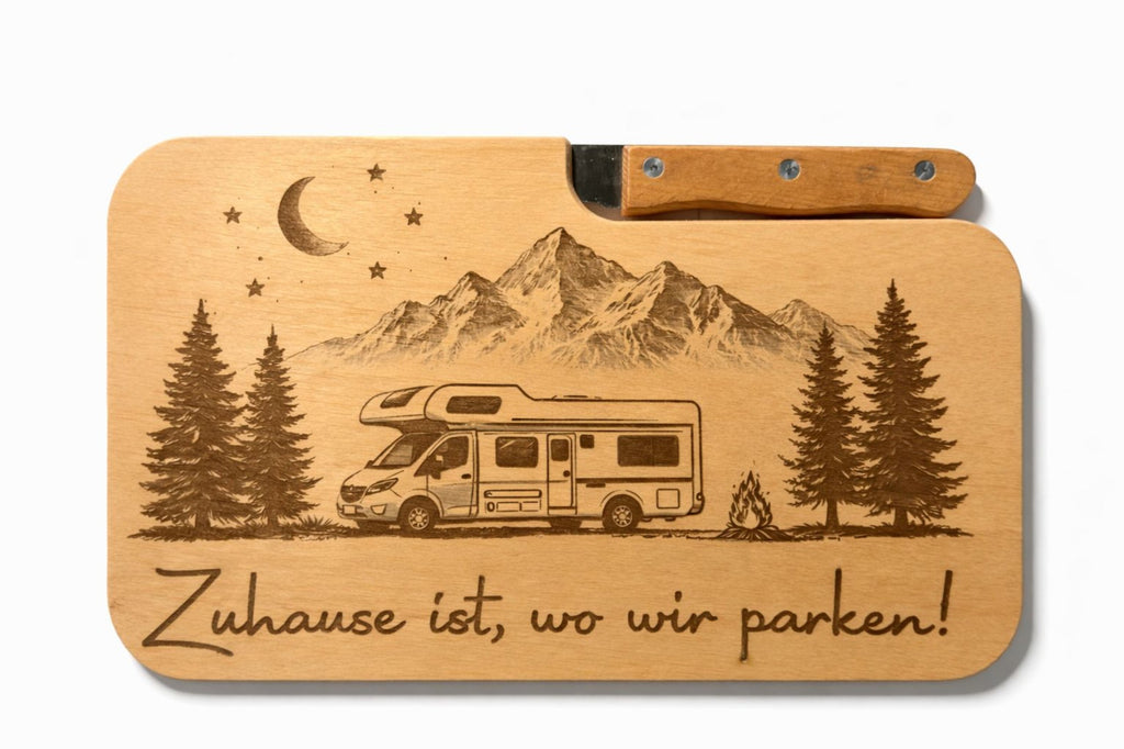 Personalisiertes Schneidebrett aus Erle mit Brotzeitmesser